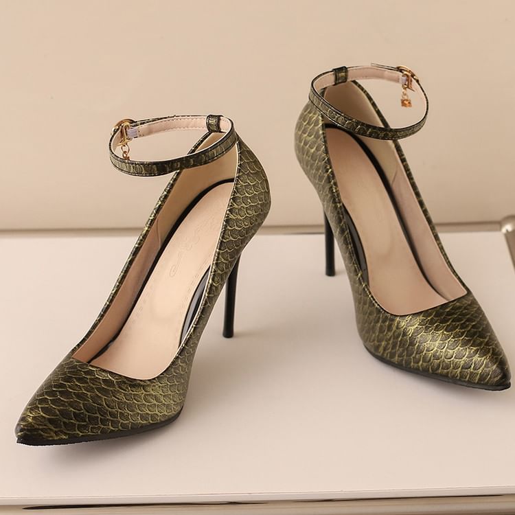 Scale Patterned Pumps Ankle Strap Heel Fish Stiletto