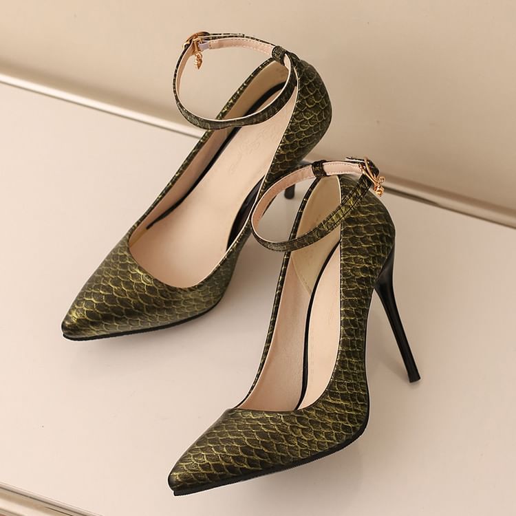 Scale Patterned Pumps Ankle Strap Heel Fish Stiletto