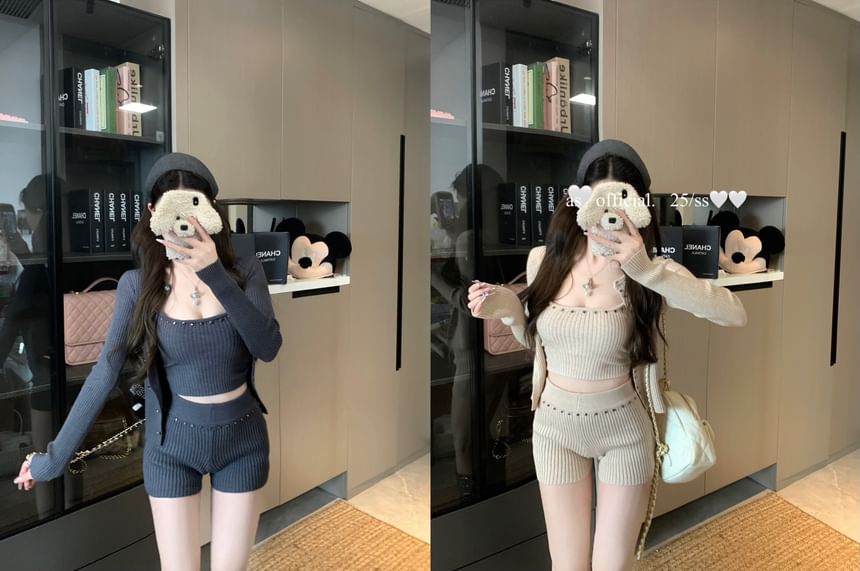 Top Camisole Studded Set: Knit Waist Ribbed + Shorts High Cardigan Crop