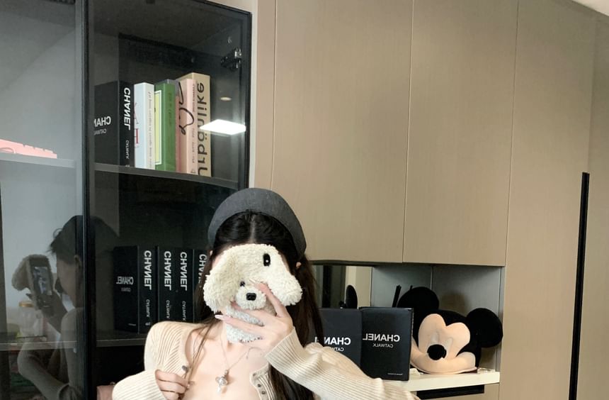 Top Camisole Studded Set: Knit Waist Ribbed + Shorts High Cardigan Crop