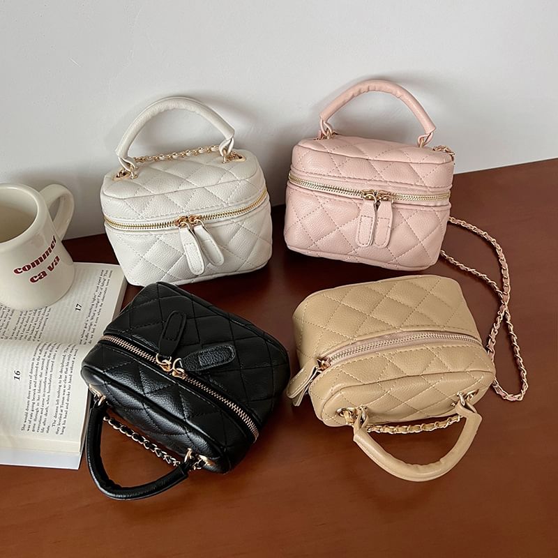 Leather Plain Quilted Bag Faux Zip Crossbody