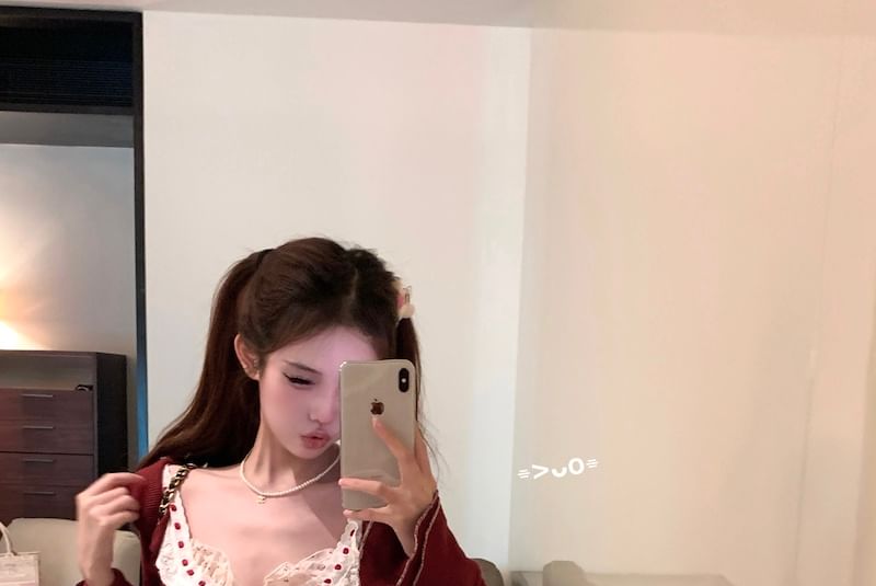 Top Panel A-Line Cardigan / Print Plaid Skirt Floral Striped Ruffle High Bow Sleeveless Waist Mini