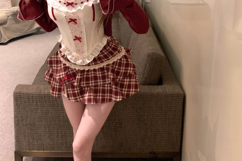 Top Panel A-Line Cardigan / Print Plaid Skirt Floral Striped Ruffle High Bow Sleeveless Waist Mini