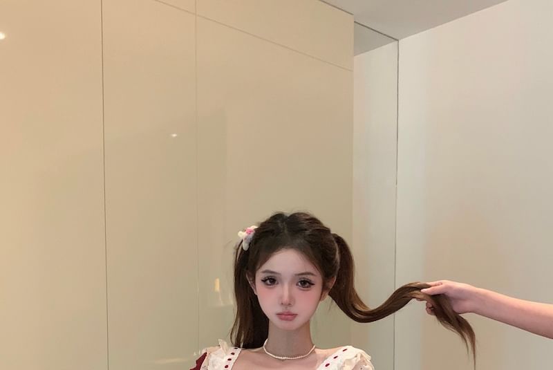 Top Panel A-Line Cardigan / Print Plaid Skirt Floral Striped Ruffle High Bow Sleeveless Waist Mini