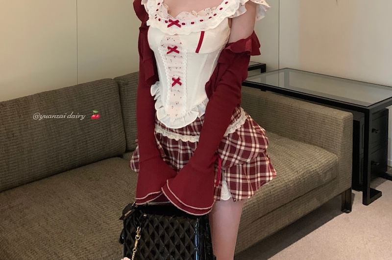 Top Panel A-Line Cardigan / Print Plaid Skirt Floral Striped Ruffle High Bow Sleeveless Waist Mini