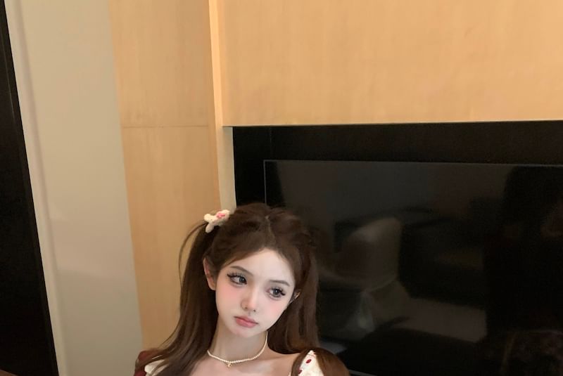 Top Panel A-Line Cardigan / Print Plaid Skirt Floral Striped Ruffle High Bow Sleeveless Waist Mini