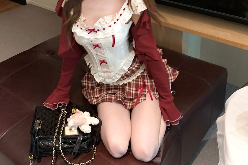 Top Panel A-Line Cardigan / Print Plaid Skirt Floral Striped Ruffle High Bow Sleeveless Waist Mini