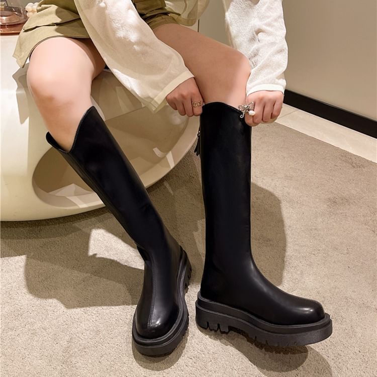 Plain Boots Faux Tall Leather Platform Zip-Up