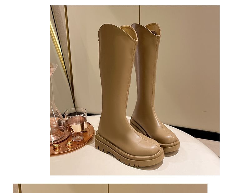 Plain Boots Faux Tall Leather Platform Zip-Up