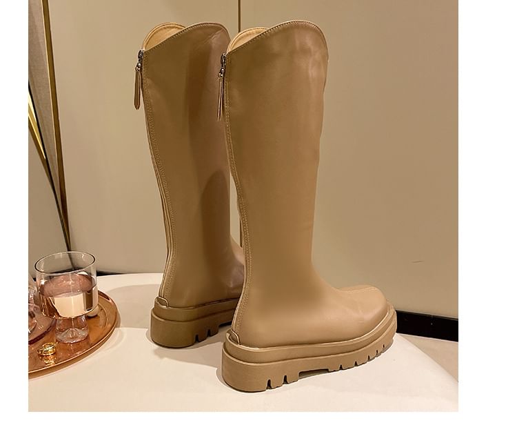 Plain Boots Faux Tall Leather Platform Zip-Up