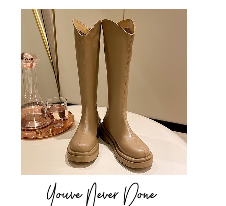 Plain Boots Faux Tall Leather Platform Zip-Up