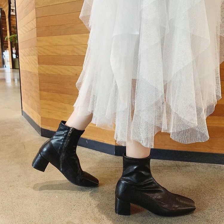 Short Square Boots Chunky Heel Zip-Up Plain Toe