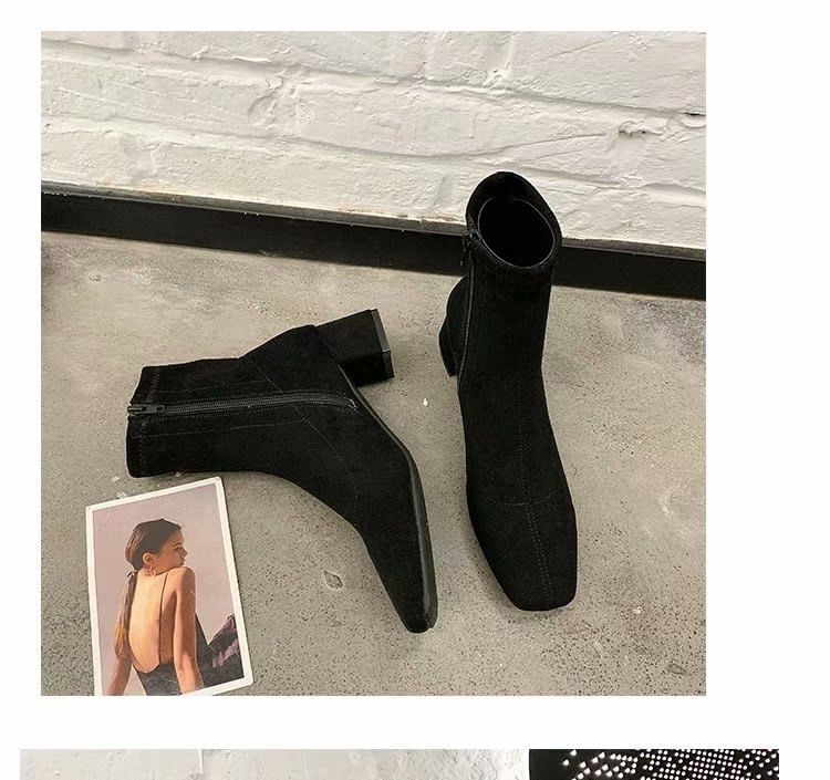 Short Square Boots Chunky Heel Zip-Up Plain Toe