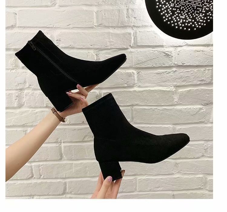 Short Square Boots Chunky Heel Zip-Up Plain Toe