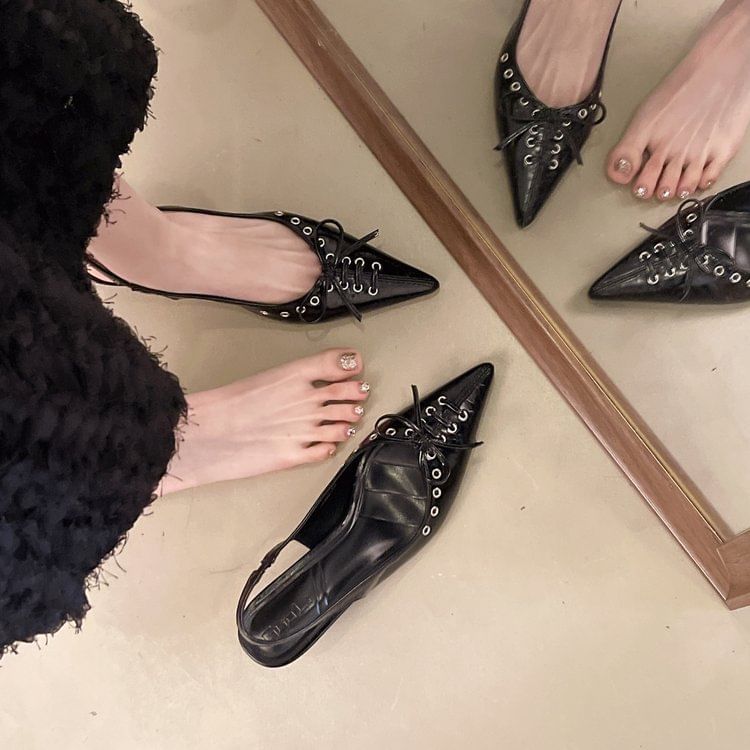 Toe Kitten Heel Slingback Faux Pointed Leather Sandals