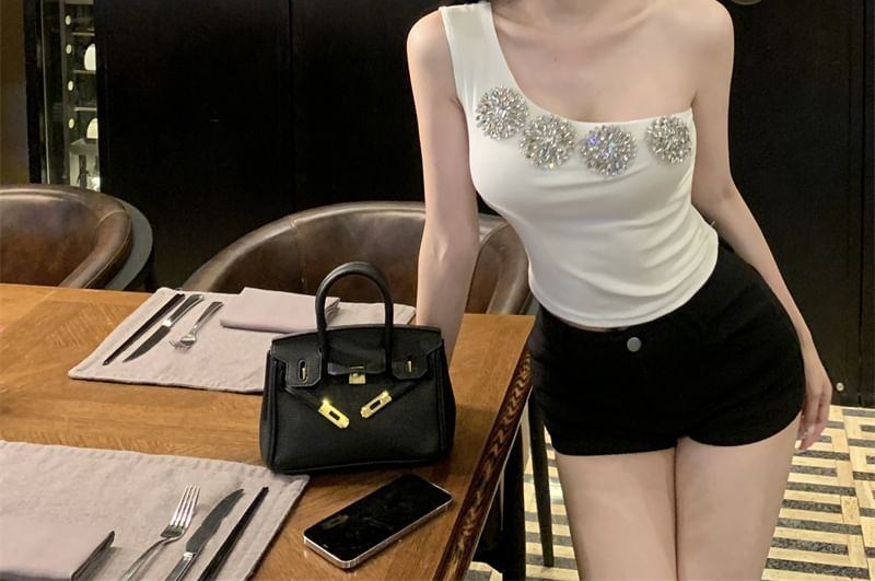 Slim Top Rhinestone Crop Fit One-Shoulder Tank Accent