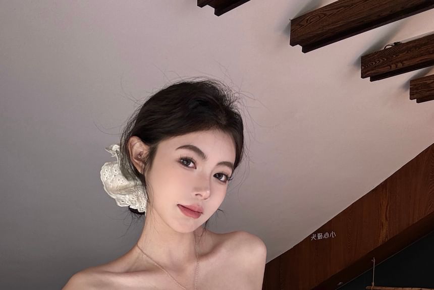 Crop Waist Tube Pants Striped Plain Bow Accent Leg / Top High Wide