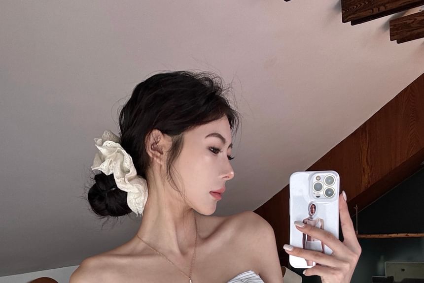 Crop Waist Tube Pants Striped Plain Bow Accent Leg / Top High Wide