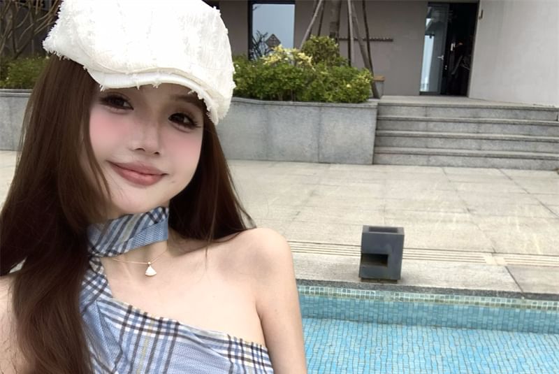 Sheer Fit Top Neck Halter Asymmetrical Plaid Slim