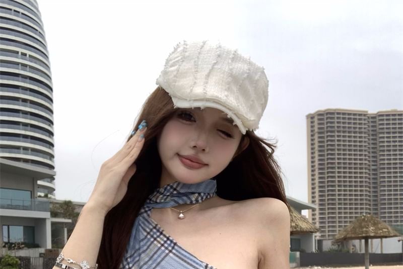 Sheer Fit Top Neck Halter Asymmetrical Plaid Slim