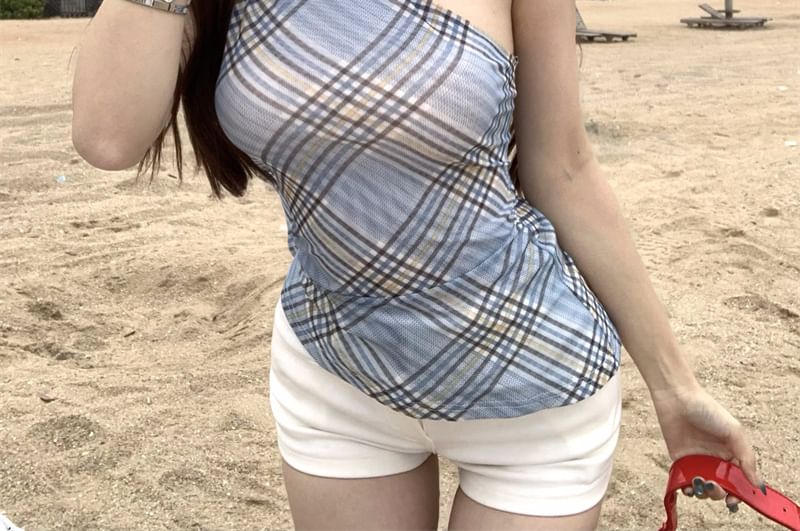 Sheer Fit Top Neck Halter Asymmetrical Plaid Slim