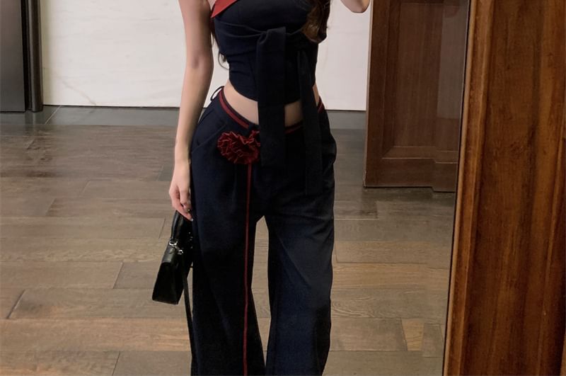 Top Front Crop Waist Tube Two Low Pants Tie Leg Tone Plain / Wide