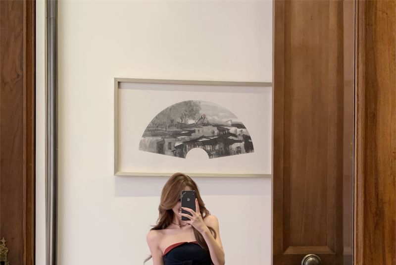 Top Front Crop Waist Tube Two Low Pants Tie Leg Tone Plain / Wide