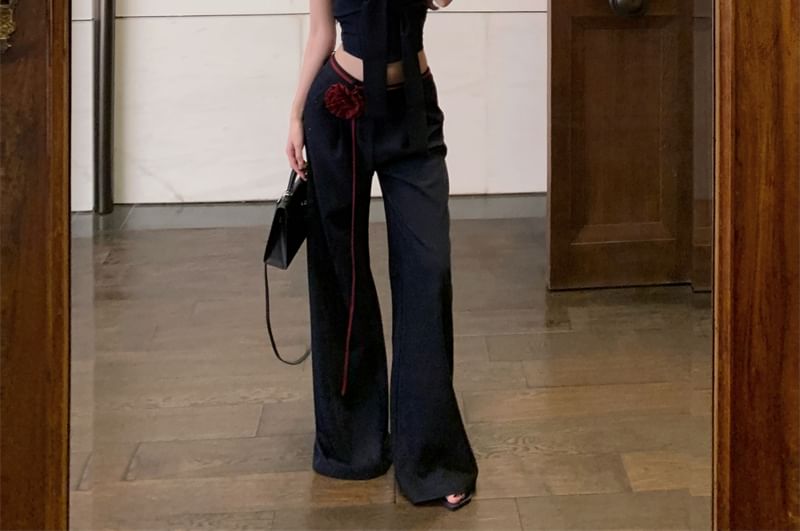 Top Front Crop Waist Tube Two Low Pants Tie Leg Tone Plain / Wide