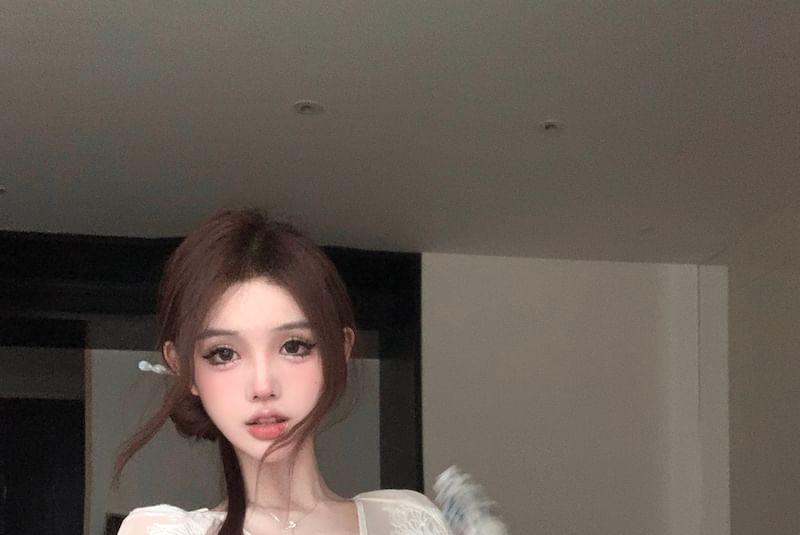 Set High Blouse Skirt Plain Rise Embroidered Top Maxi A-Line Puff-Sleeve Shorts / Flower V-Neck Camisole