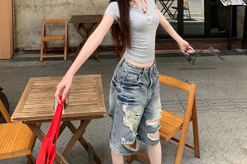 Henley Sleeve Tee Plain Neck Short