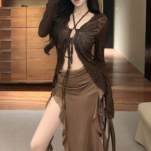 Print Sleeve Dress / Front Tie Bodycon Top Strapless V-Neck Ruffle Trim Butterfly Midi Plain Long