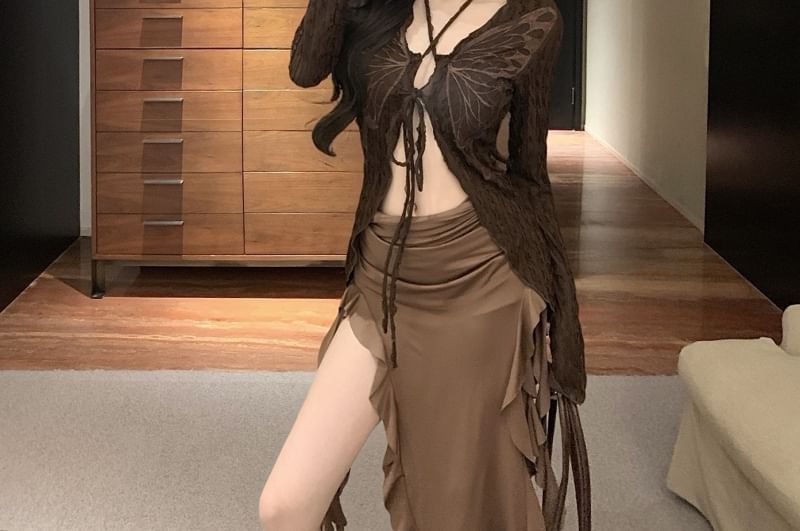 Print Sleeve Dress / Front Tie Bodycon Top Strapless V-Neck Ruffle Trim Butterfly Midi Plain Long