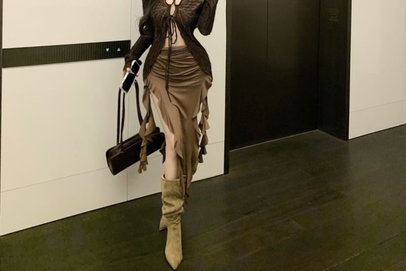 Print Sleeve Dress / Front Tie Bodycon Top Strapless V-Neck Ruffle Trim Butterfly Midi Plain Long