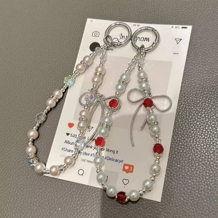 Faux Phone Pearl Strap Bow with Lanyard Pad