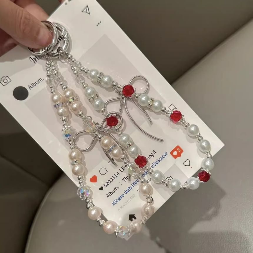 Faux Phone Pearl Strap Bow with Lanyard Pad