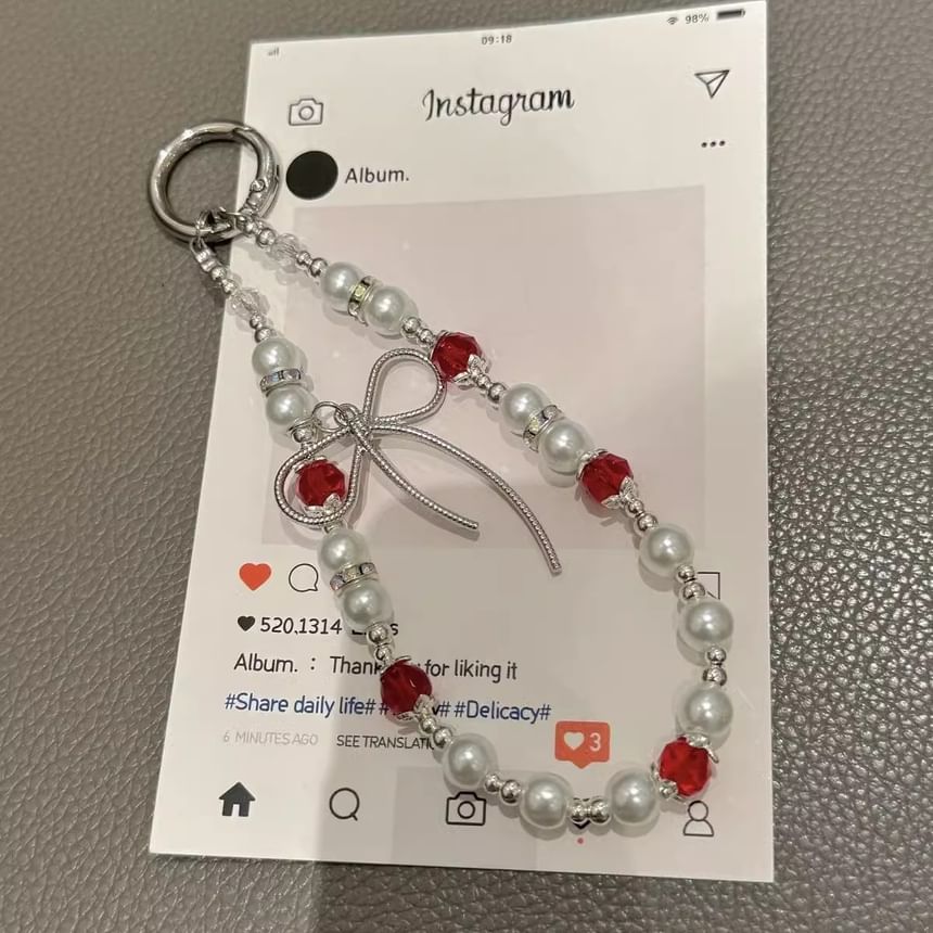 Faux Phone Pearl Strap Bow with Lanyard Pad