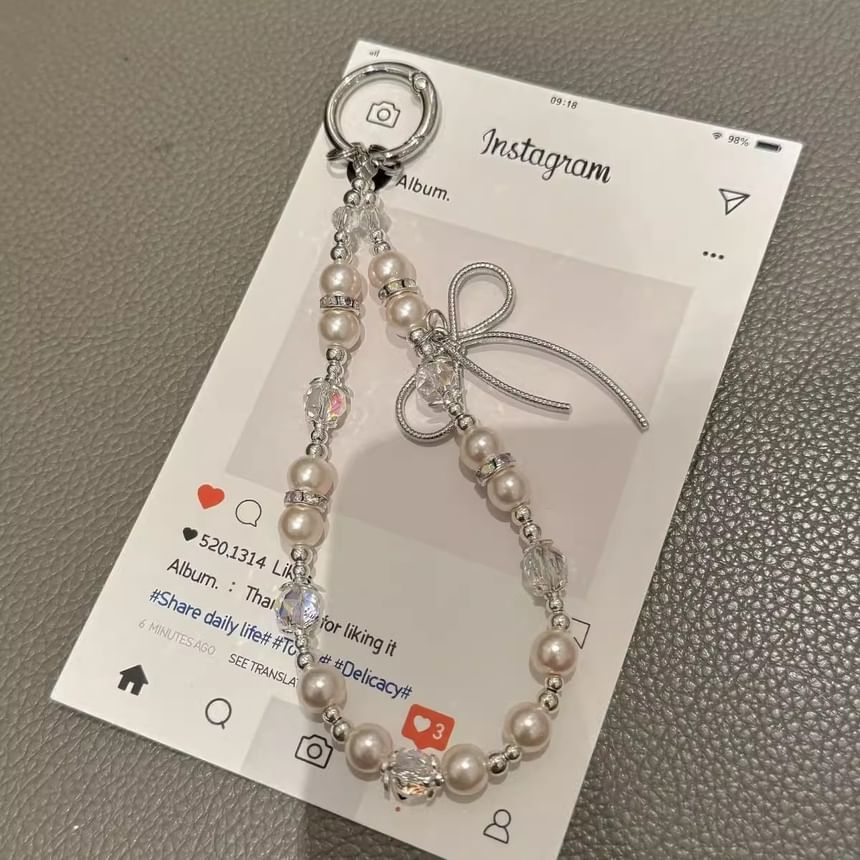 Faux Phone Pearl Strap Bow with Lanyard Pad
