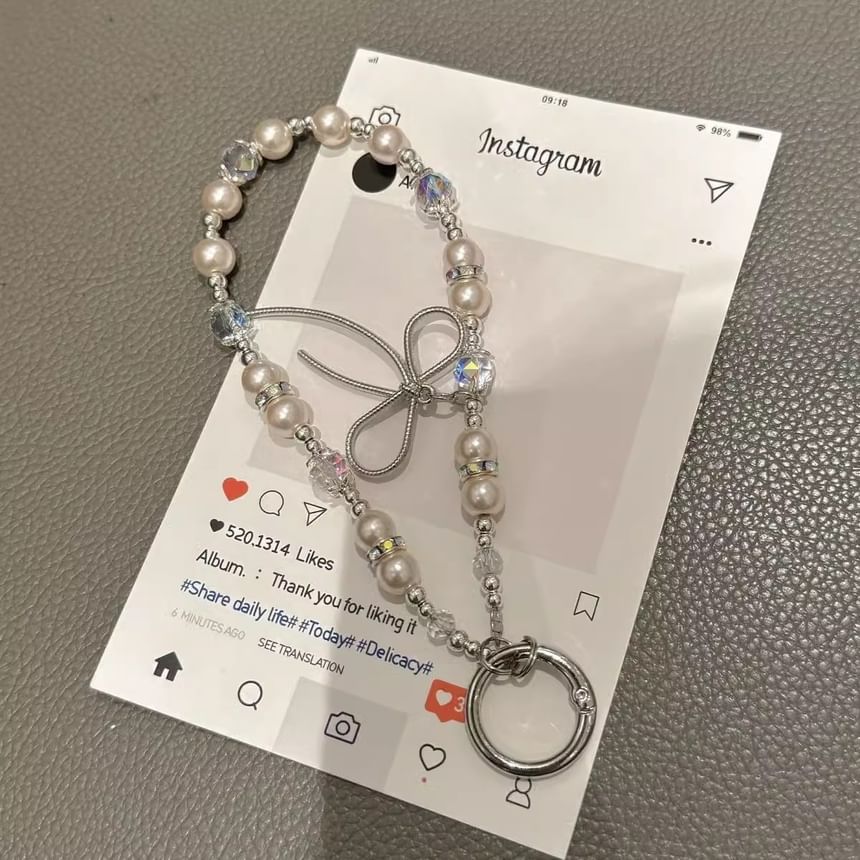 Faux Phone Pearl Strap Bow with Lanyard Pad