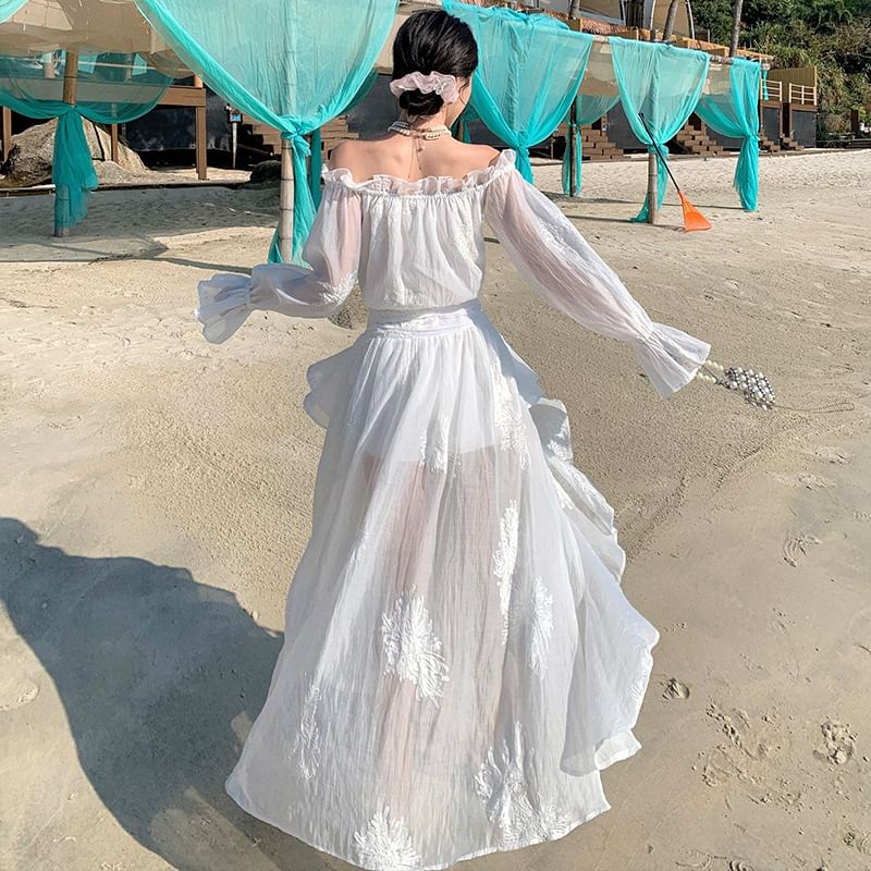 A-Line Plain Low High Dress Off-The-Shoulder Long-Sleeve Maxi Ruffle