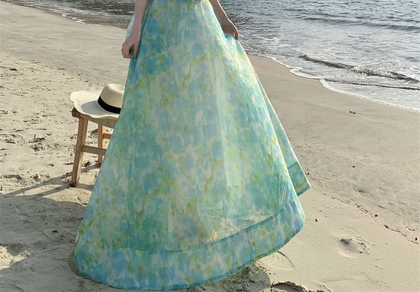 Rise + Floral A-Line Skirt Top Crop High Sleeveless Maxi Set: