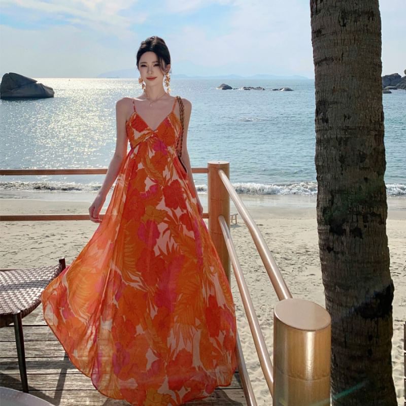 Strap V-Neck A-Line Floral Maxi Print Dress Spaghetti