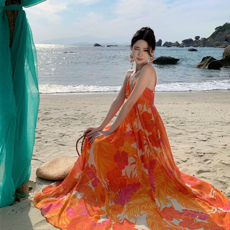 Strap V-Neck A-Line Floral Maxi Print Dress Spaghetti