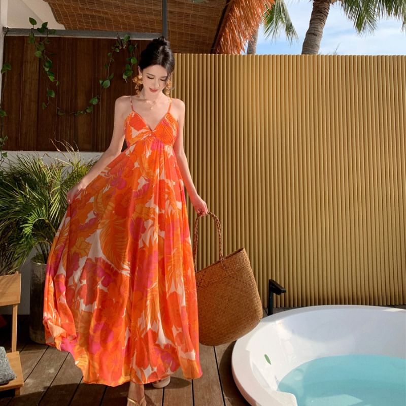 Strap V-Neck A-Line Floral Maxi Print Dress Spaghetti