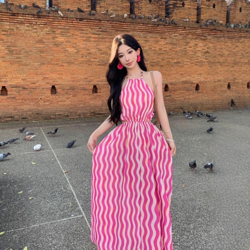 Dress Striped Halter Neck A-Line Maxi Wave Sleeveless