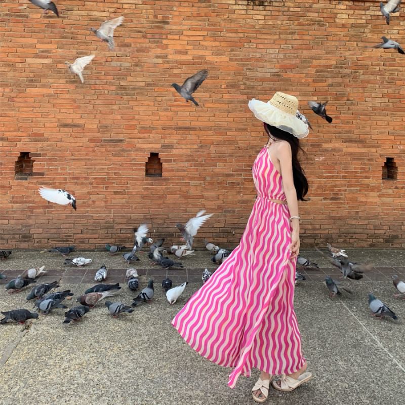 Dress Striped Halter Neck A-Line Maxi Wave Sleeveless