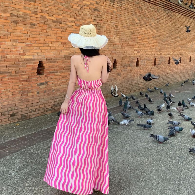 Dress Striped Halter Neck A-Line Maxi Wave Sleeveless