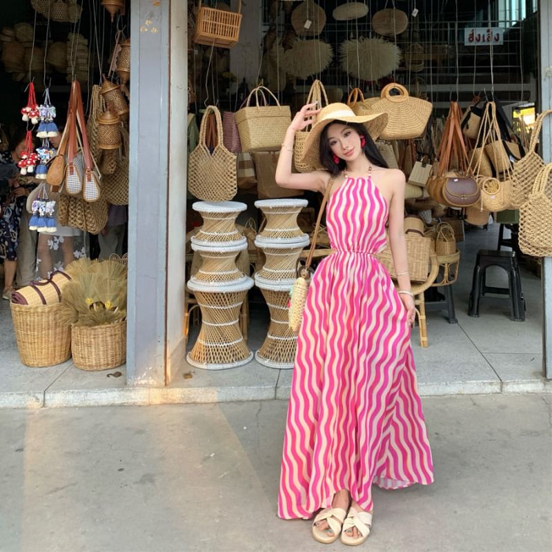 Dress Striped Halter Neck A-Line Maxi Wave Sleeveless