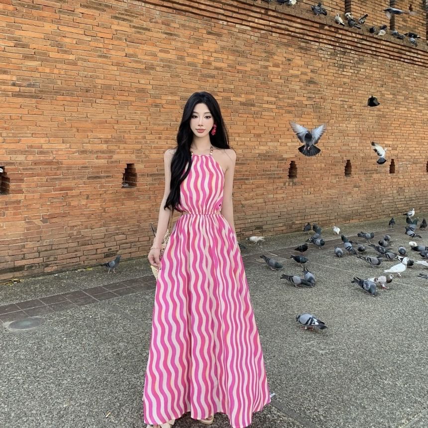 Dress Striped Halter Neck A-Line Maxi Wave Sleeveless