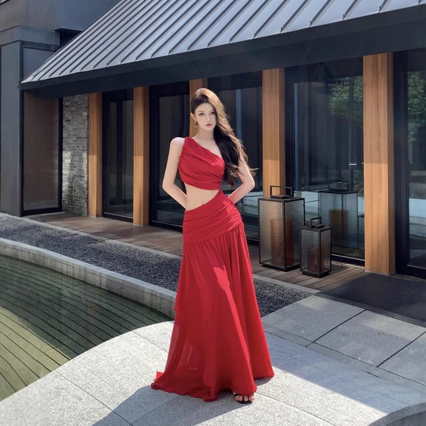 One A-Line Plain Maxi Ruched Sleeveless Shoulder Dress