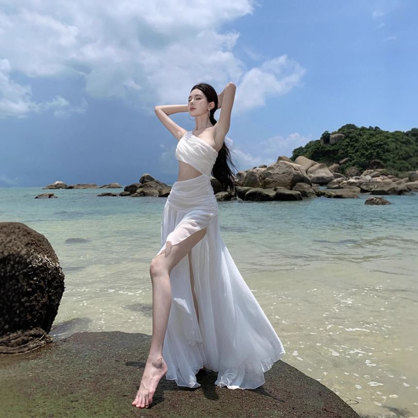 One A-Line Plain Maxi Ruched Sleeveless Shoulder Dress